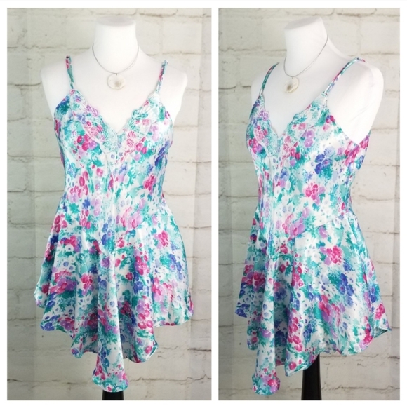 Vtg Cinema Etoile S White Blue Pink Floral Satin Chemise Skater Short Nightie - Picture 2 of 8
